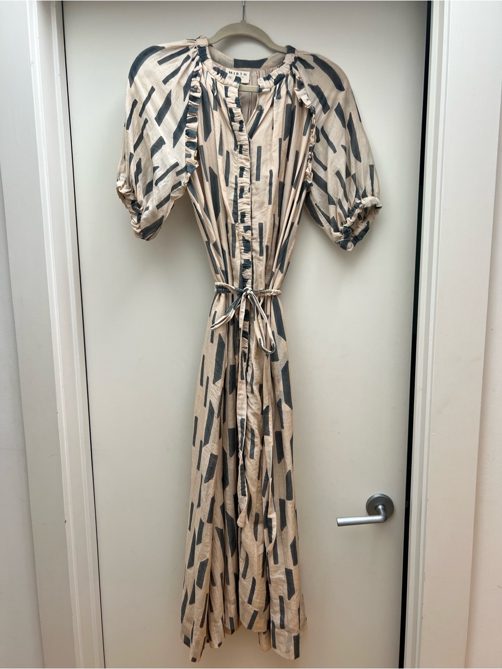 MIRTH Somerset dress in cream and blue/grey.